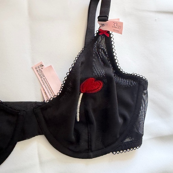 Victoria’s Secret Red Heart Lollipop Unlined Demi Bra Black Sheer Mesh 32DD NWT - Picture 4 of 6